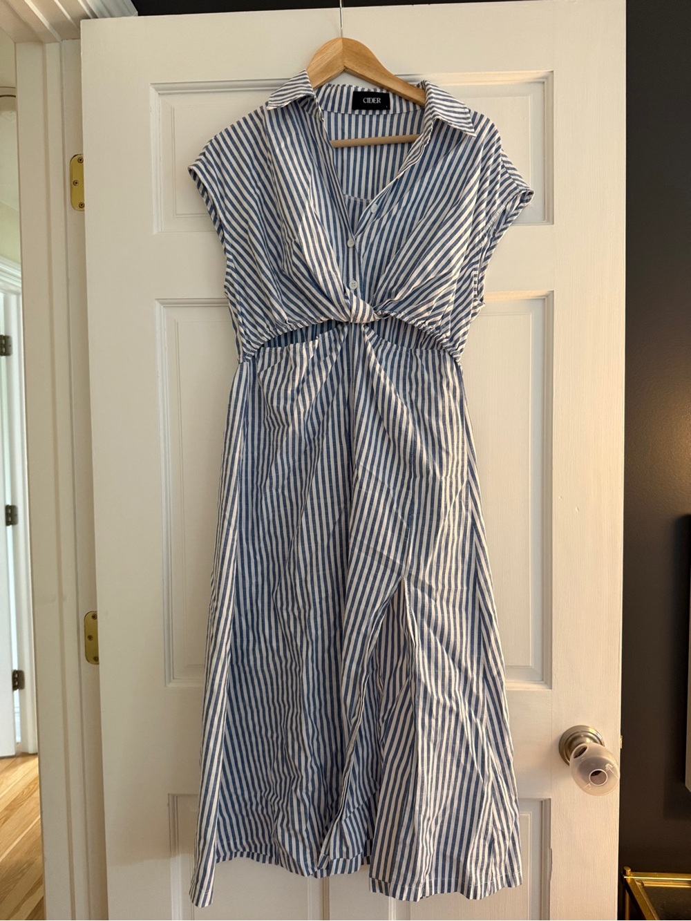Cider Blue and White Striped Knot-Front Midi Dress